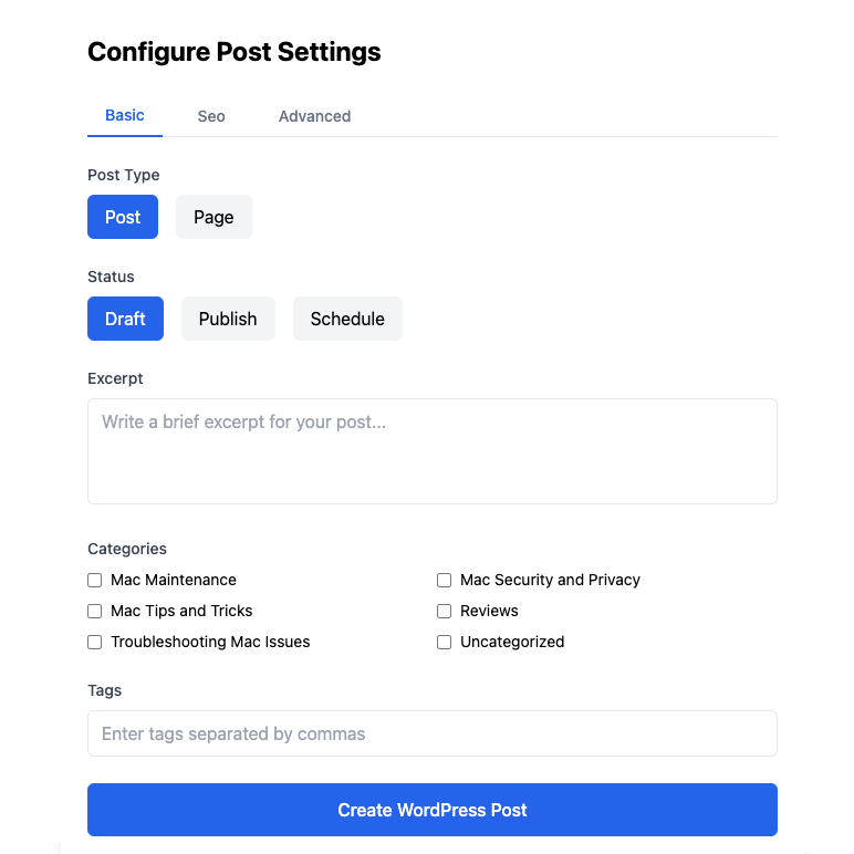 WordPress post configuration interface