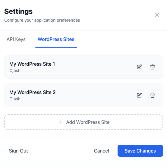 WordPress sites management dashboard